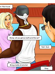 Interracial cartoon. Honey, will you get our stuff out of the car, bring a bottle of wine too