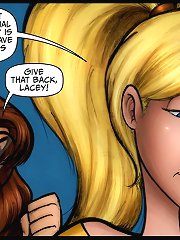 JKR comix. Cartoon girls discuss the superhero costume
